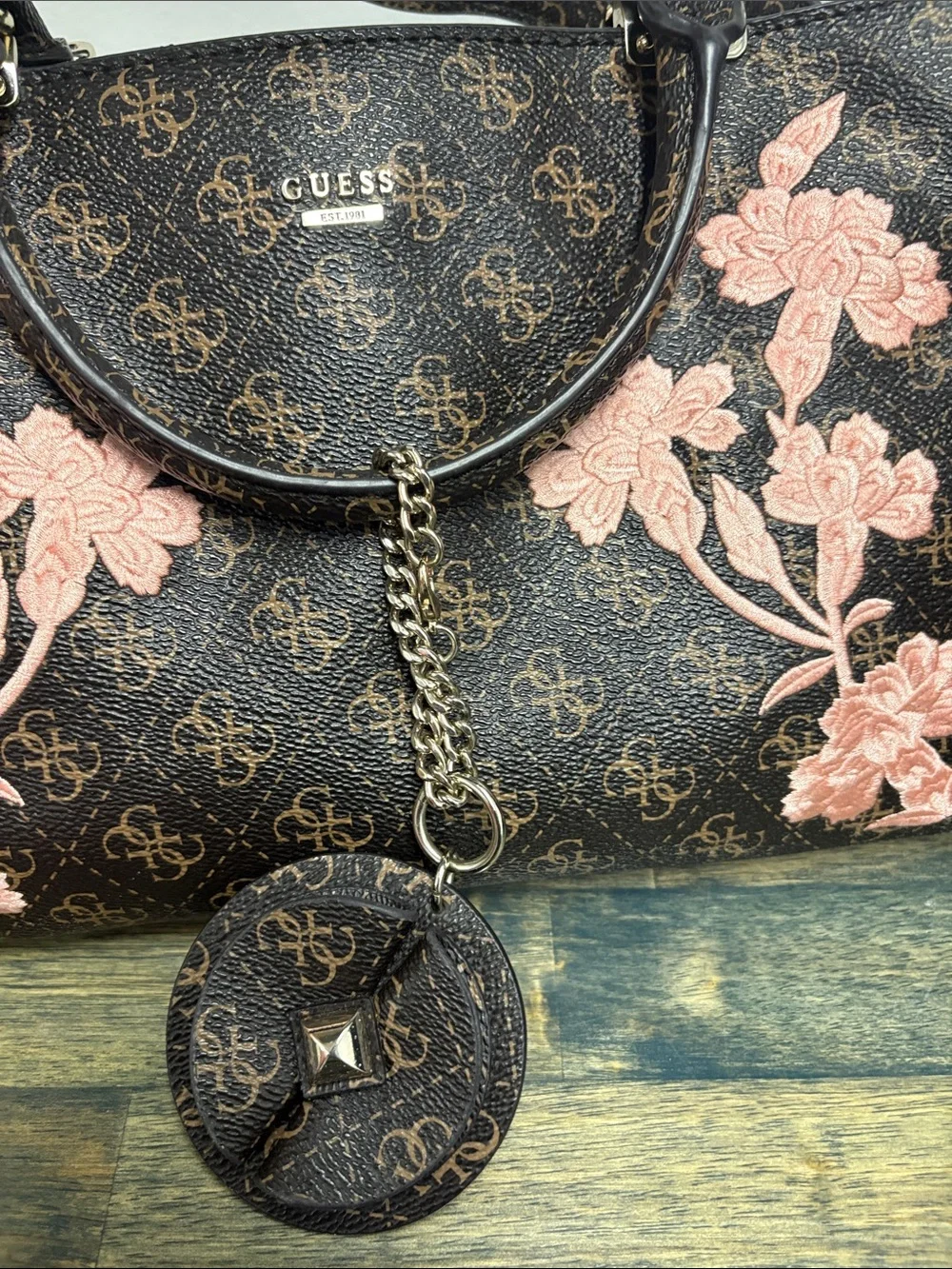 GUESS Brown Satchel with Pink Floral Embroidery